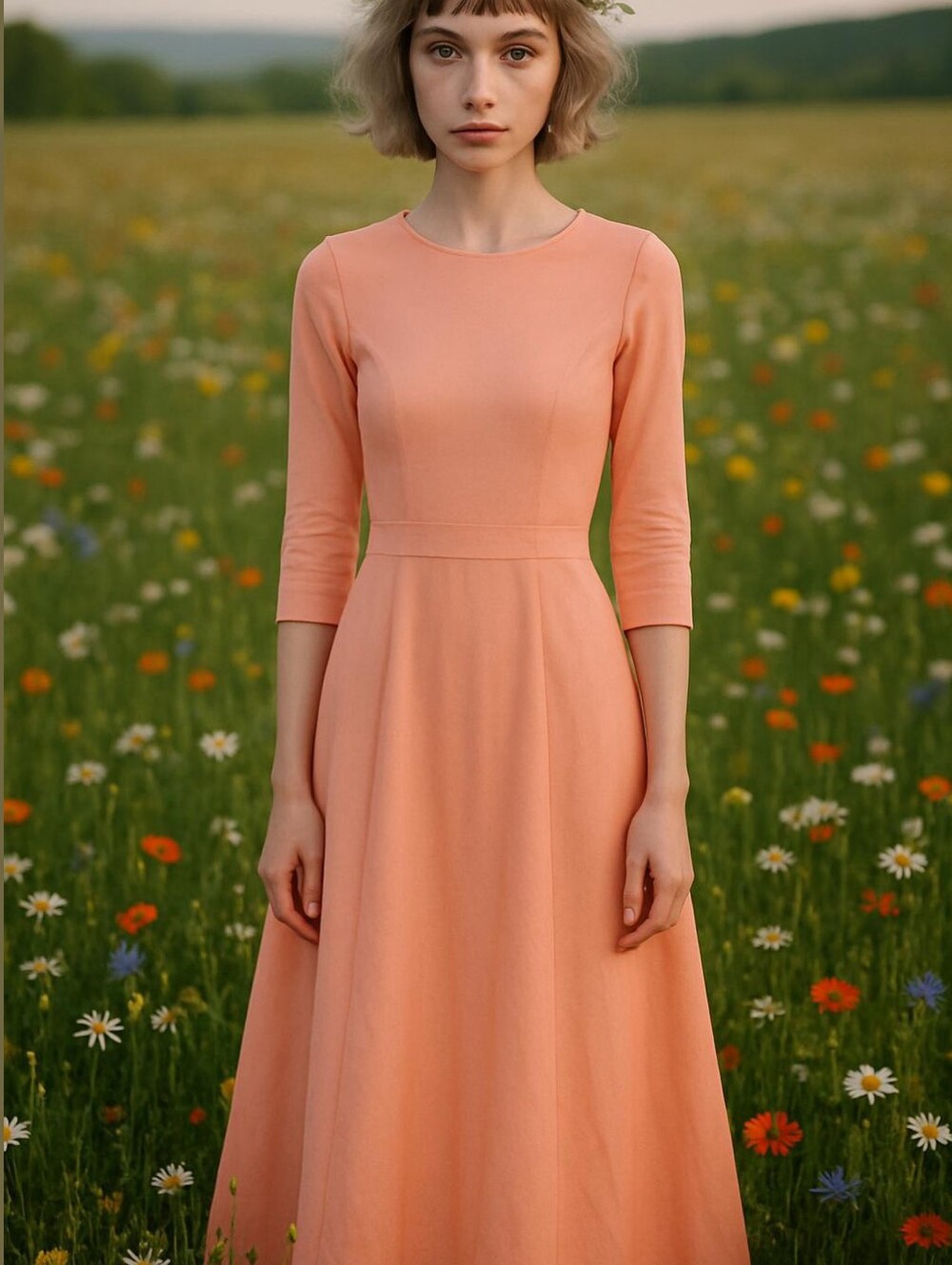 NanaMacs Peach Pink A-Line Formal Dress Fitted Modest 3/4 Sleeves Floor Length